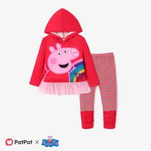 Peppa Pig 2pcs Toddler Girl Character Print Hooded Top and Stripe Print Leggings Set #1095839