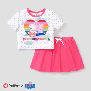 Peppa Pig 2pcs Toddler Girls Character Print Rainbow/Floral/Heart T-shirt and Skirt With Shorts Baby Underwear #1327392