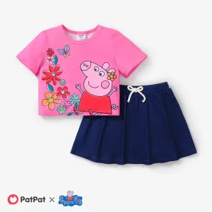 Peppa Pig 2pcs Toddler Girls Character Print Rainbow/Floral/Heart T-shirt and Skirt With Shorts Baby Underwear #1327395