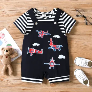 Toddler Boy 2pcs Striped Tee and Plane Print Overalls Shorts Set #1338364