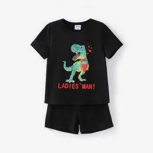 Toddler Boy Valentine's Day 2pcs Dinosaur Print Tee and shorts Set/Canvas Shoes #1321830