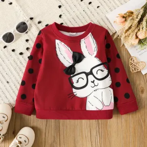 Toddler Girl  Rabbit Print Polka dots Pullover Sweatshirt/Rabbit Patch Thick Denim Jeans #1192731