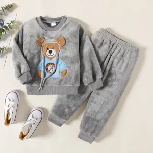 Toddler Teddy Bear Applique Long-sleeve Flannelette Set #223833