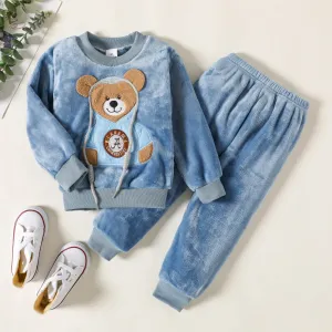 Toddler Teddy Bear Applique Long-sleeve Flannelette Set #223837