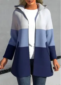 Rosewe Blue Hooded Long Sleeve Patchwork Jacket - M