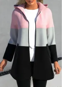 Rosewe Contrast Color Zipper Pink Hooded Regular Sleeve Jacket - L