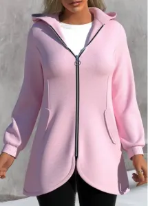 Rosewe Long Sleeve Asymmetric Hem Pink Zipper Jacket - M