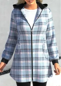 Rosewe Plaid Zipper Light Blue Hooded Long Sleeve Jacket - XL