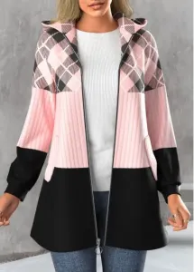 Rosewe Plaid Zipper Light Pink Hooded Long Sleeve Jacket - XXL