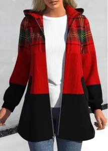 Rosewe Plaid Zipper Red Hooded Long Sleeve Jacket - L
