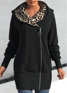 Rosewe Leopard Zipper Black Hooded Long Sleeve Coat - M