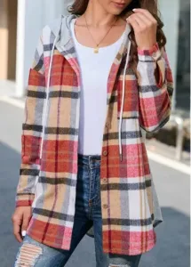 Rosewe Plaid Button Multi Color Hooded Long Sleeve Coat - XL