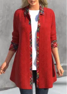 Rosewe Plaid Button Red Shirt Collar Long Sleeve Coat - L