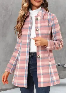 Rosewe Plaid Pocket Pink Shirt Collar Long Sleeve Coat - L #141089