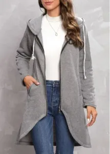 Rosewe Zipper Grey Long Sleeve Hooded Coat - 5XL