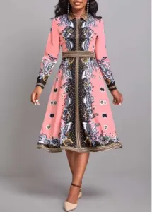 Rosewe Floral Print Umbrella Hem Pink Shirt Collar Dress - XL