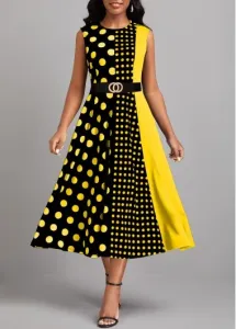 Rosewe Geometric Print Umbrella Hem Yellow Round Neck Dress - XXL
