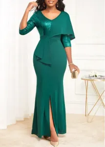 Rosewe Emerald Green Formal Dress Split V Neck Evening Dress Teal Dress Green Split V Neck Mermaid Dress - XL
