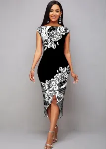 Rosewe Easter Dress Asymmetric Hem Floral Print Cap Sleeve Dress - XL