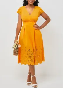 Rosewe Easter Dress Floral Design Double Side Pockets Orange V Neck Dress - M