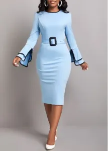 Rosewe Women Light Blue Belted Bodycon Work Contrast Binding Dress Solid Color Long Sleeve Elegant Casual Dress - 2XL