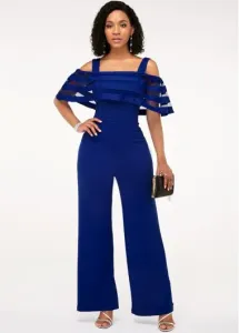 Women'S Royal Blue Wedding Gust  Dress Overlay Strappy Cold Shoulder Wide Leg Formal Zipper Back Jumpsuit By Rosewe - XL