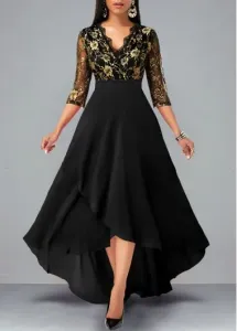 Rosewe Black Formal Dress Evening Maxi Dress Floral Lace Patchwork High Low Black Dress - L