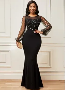 Rosewe Black Long Sleeve Formal Dress Maxi Evening Dress Mesh Stitching Long Sleeve Round Neck Dress - L
