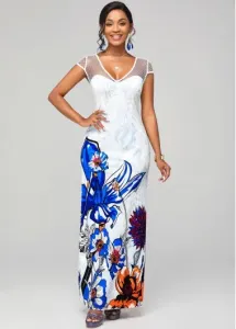 Rosewe Easter Dress Short Sleeve Fishnet Panel Floral Print Dress - XL
