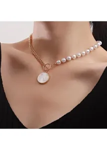 Rosewe Fashion Pearl Chain Design Gold Round Necklace - One Size