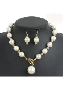 Rosewe Fashion Silvery White Pearl Round Earings and Necklace - One Size