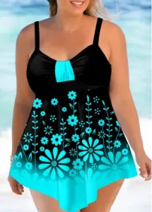 Rosewe Cyan Ombre Floral Print Plus Size Swimdress Top - 1X