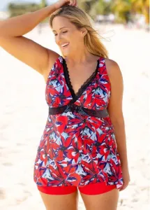 Rosewe Lace Stitching Floral Print Plus Size Swimdress and Shorts - 2X