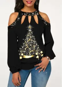 Christmas Rosewe Women Black Tree Print Sequin Cold Shoulder T Shirt Xmas Long Sleeve Tunic Casual Fall Top - S