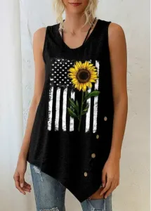 Rosewe Black American Flag and Sunflower Print Tank Top - M