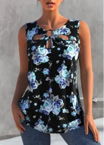 Rosewe Black Floral Print Cage Neck Tank Top - S