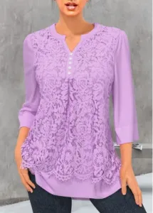 Rosewe Lace Stitching Split Neck Light Purple Blouse - S