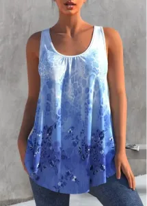 Rosewe Ombre Floral Print Blue Tank Top - S