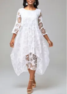 Easter Dress Rosewe Floral Printed White Mesh Stitching Sheer Asymmertric Hem Spring Dress Three Quarter Sleeve A Line Midi Dress - XL