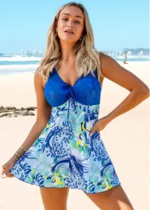 Rosewe Wide Strap Printed Mesh Stitching Swimdress and Shorts - S