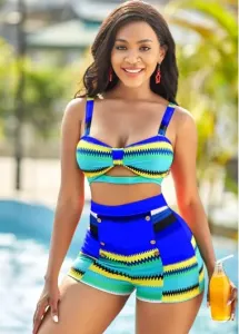 Rosewe Women High Waised Bathing Suit Sporty Bikini Colorful Geometric Print High Waisted Bikini Set - M