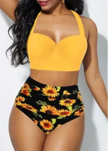 Rosewe Women High Waisted Bathing Suit High Waist Cutout Back Halter Sunflower Print Bikini Set - L