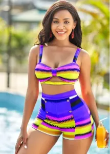 Rosewe Women High Waisted Bathing Suit High Waisted Colorful Geometric Print Bikini Set - L