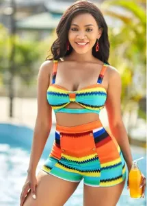 Rosewe Women Sporty Bikini High Waist Strappy Bathing Suit Colorful Striped Spaghetti Strap Bikini Set - XXL