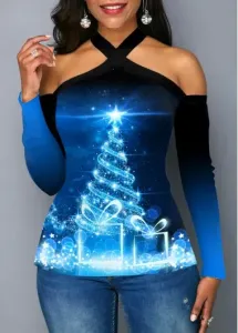 Rosewe Blue Christmas Tree Print Cold Shoulder T Shirt - M