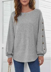 Rosewe Light Grey Decorative Button Long Sleeve T Shirt - 2XL