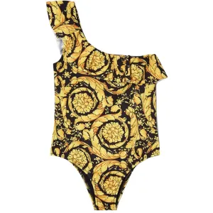 Versace Girls Barocco Print One Shoulder Swimsuit Gold 14Y