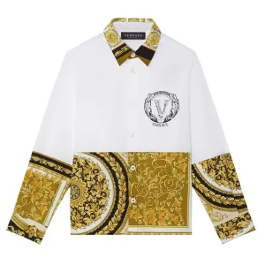 Versace Boys Barocco Mosaic Kids Accent Shirt White & Gold Multi Coloured 14Y