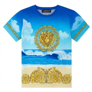 Versace Boys Medusa Beach Print T-shirt Blue 10Y